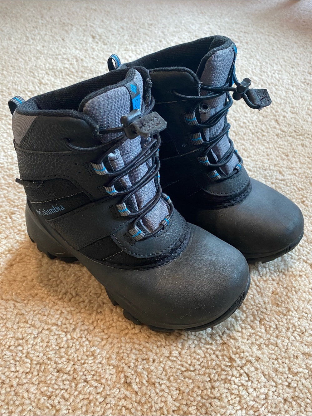 Columbia Kids Black and Gray Waterproof Snow Boots with Blue Accents